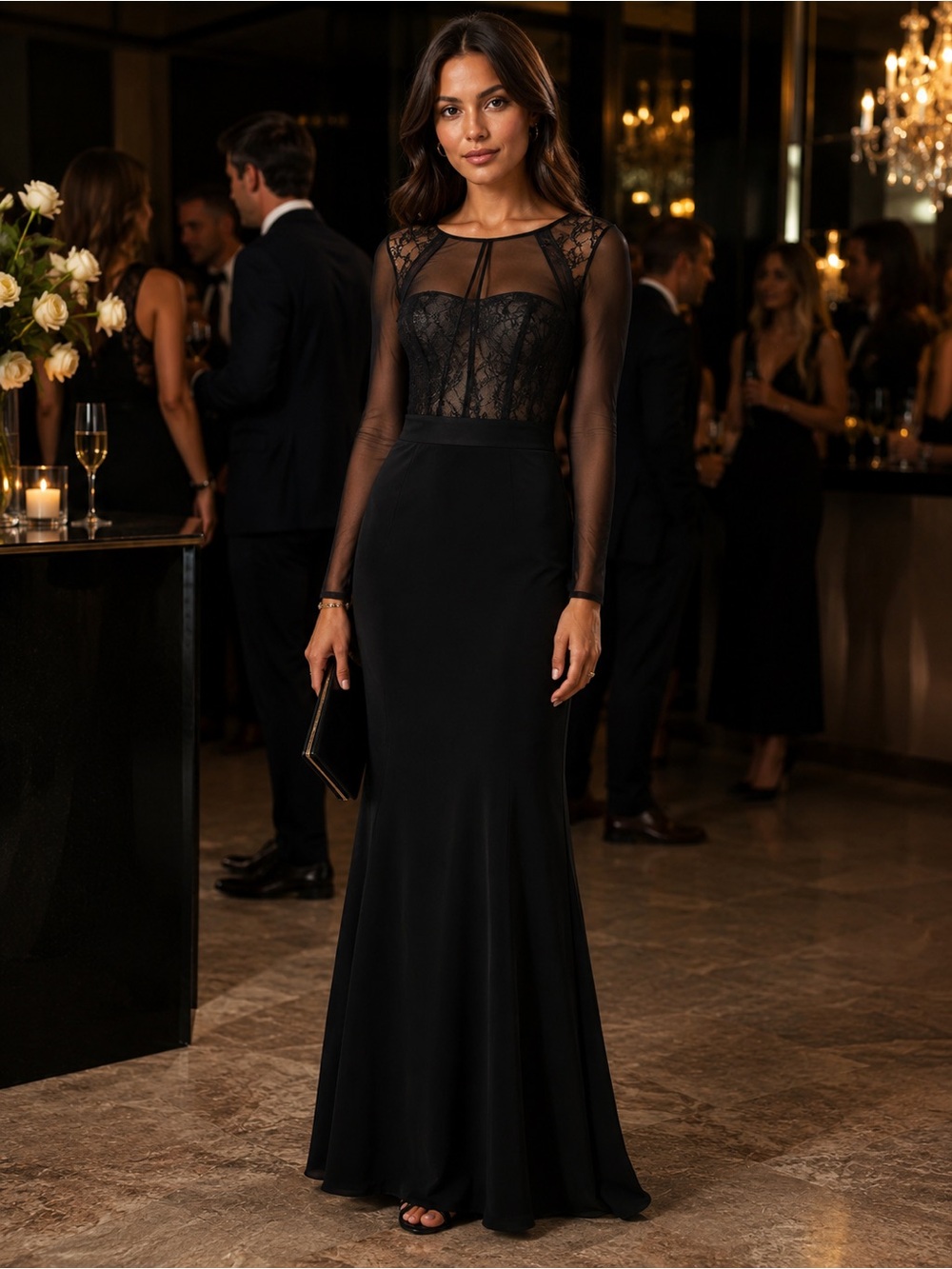 Lauren Ralph Lauren Evening Black Lace Illusion Long-Sleeve Gown